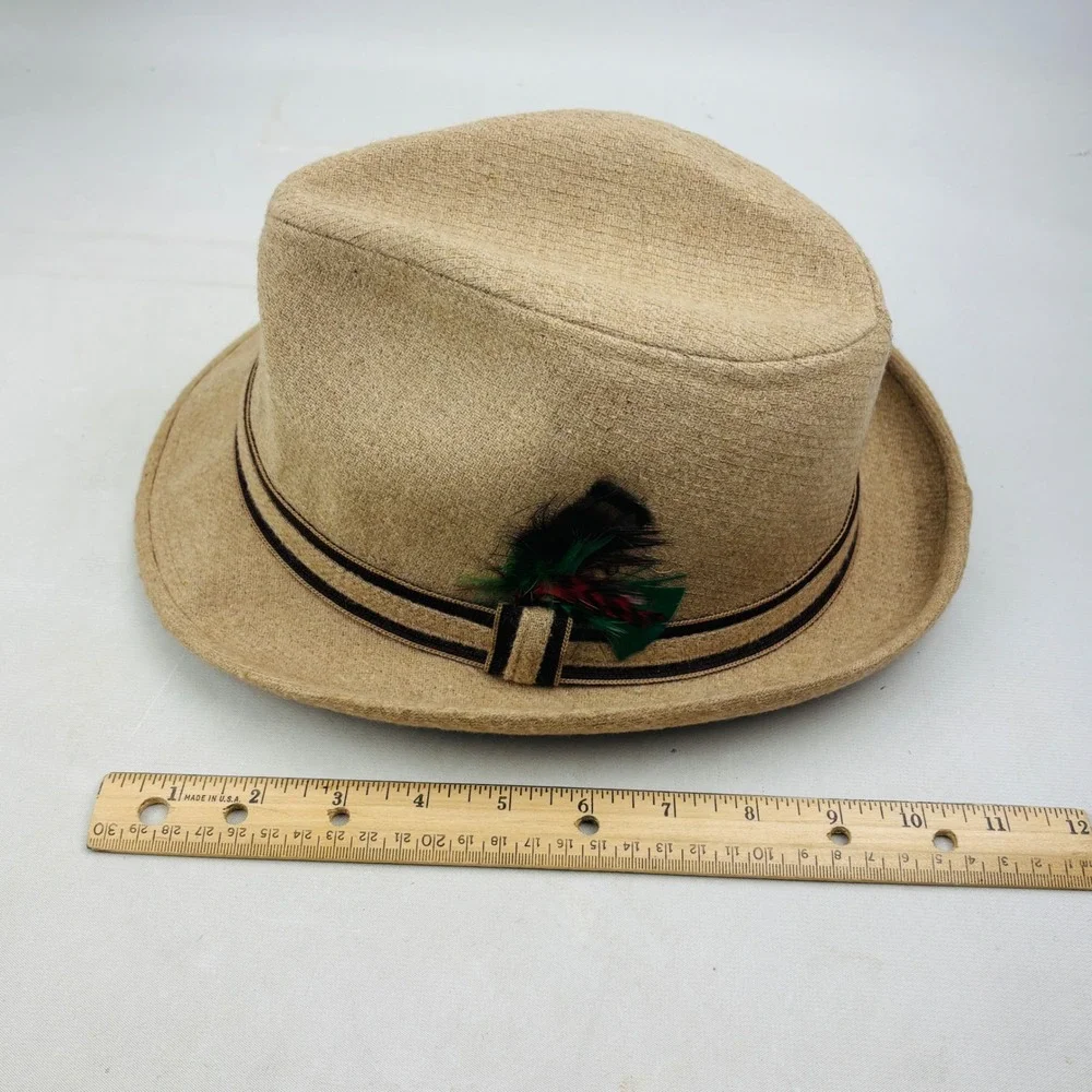 Vintage Stevens Tweed Feather Fedora Mens 7 3/8 Tan Wool USA Made